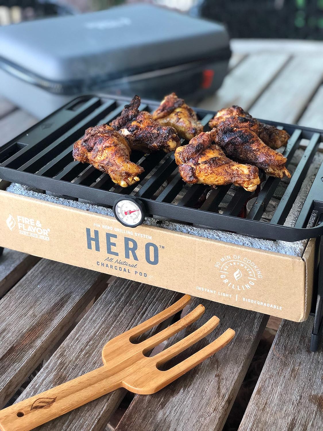 Fire & Flavor Hero System Ultra-Portable Easy Instant Light Charcoal Grilling for Tailgating, Beach RV, Park, Patio, Outdoors with Reusable Eco-Friendly Pod, Bamboo Cutting Board and Carry Case, Multi