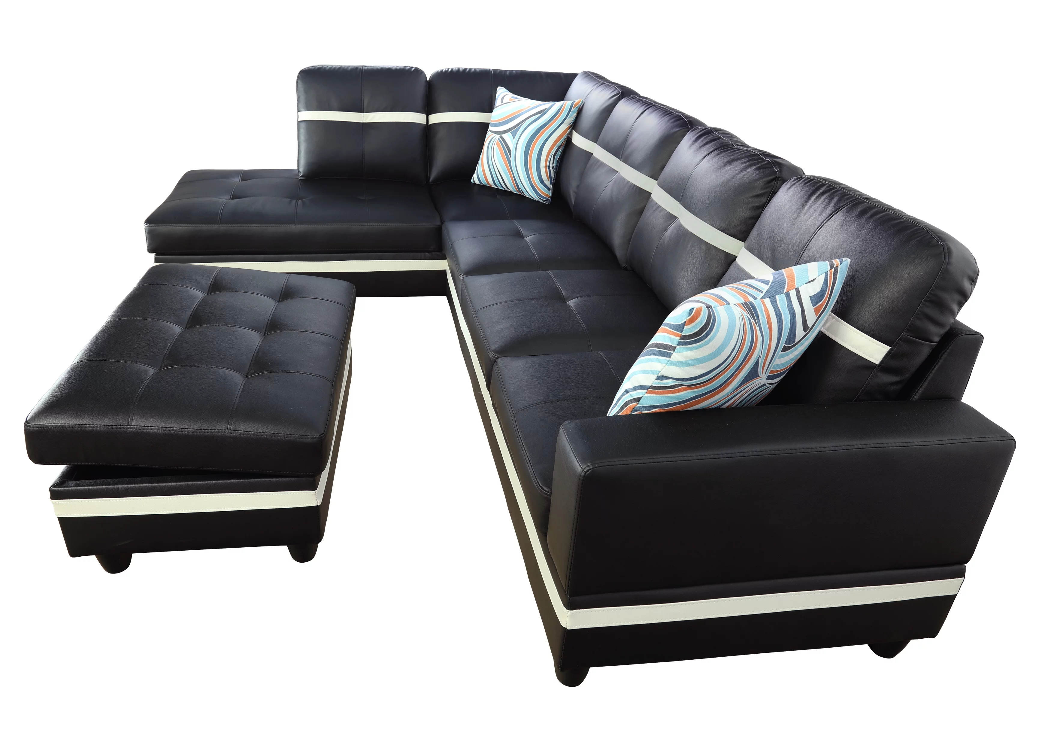 AYCP Furniture Sectional Sofa Set with Storage Ottoman, Left Hand Facing Chaise, Black Faux Leather