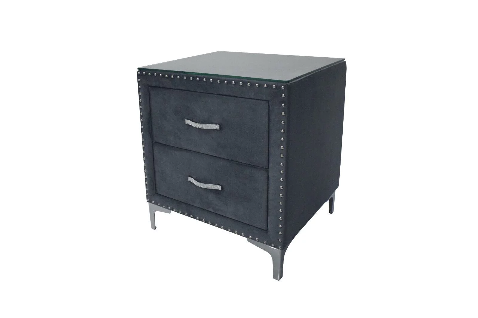 Modern Glamourous Style 3pc King Size Bed Chest Nightstand Bedroom Set Dark Gray Velvet Upholstery Furniture