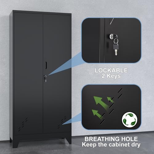 61" H Broom Closet Cabinet, Metal Storage Cabinet with Lockable Doors and Pegboard, Utility Closet for Brooms and Mops, Tool Cabinets for Home Office, Laundry Room, Garage, Workshop