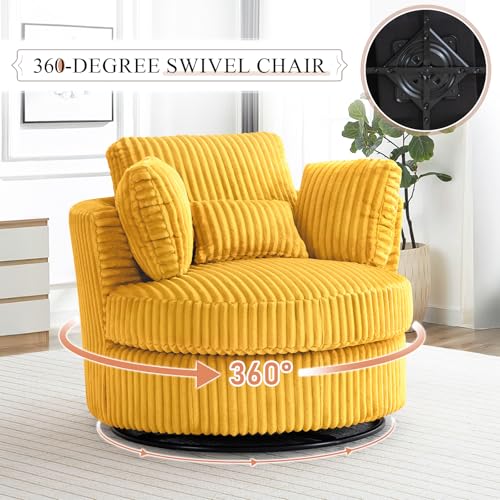 Chair and A Half with Ottoman, 360° Swivel Accent Barrel Chair Modern Comfy Round Reading Sofa Swivel Chairs Circle Lounge Chair for Bedroom Living Room w/4 Pillow Lower Seating Heigh (White, Large)