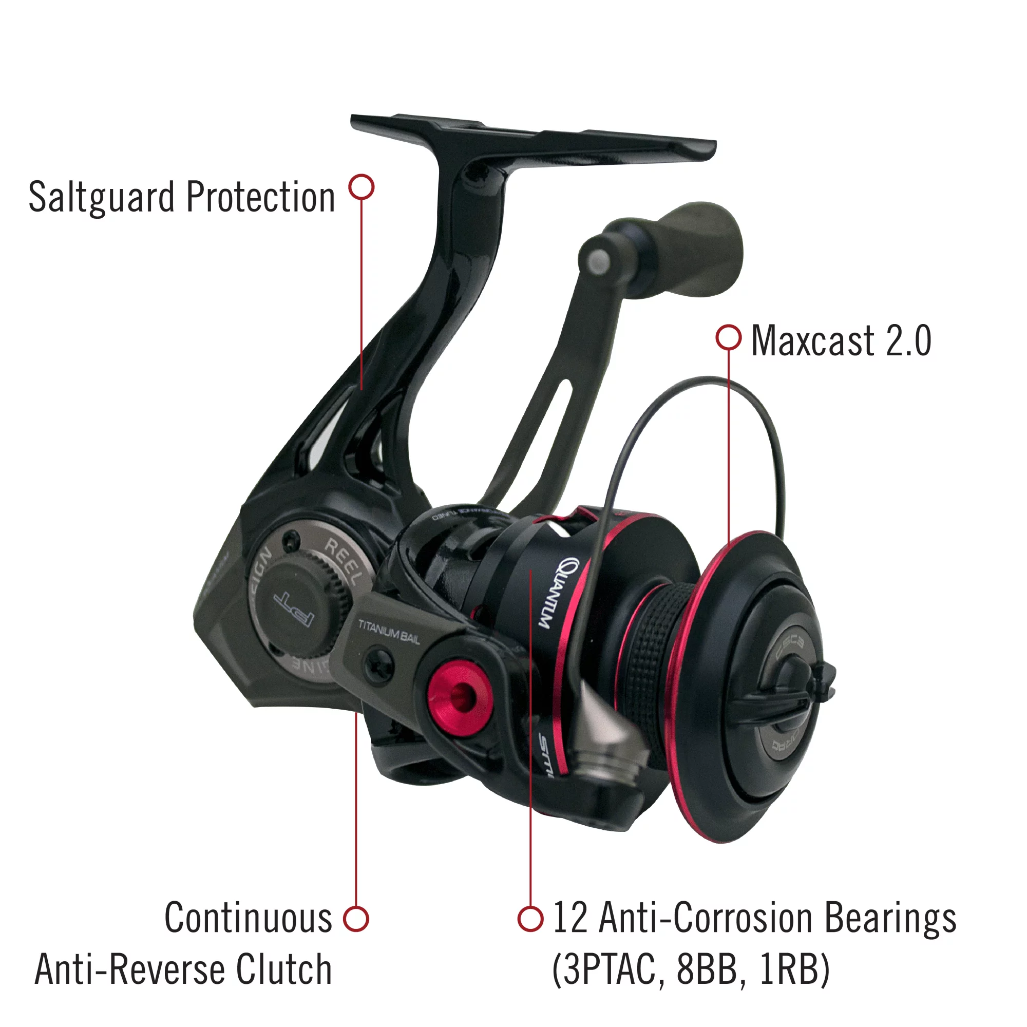 Quantum Smoke Spinning Fishing Reel, Size 30 Reel, Changeable Right- or Left-Hand Retrieve, Continuous Anti-Reverse Clutch with NiTi Indestructible Bail, SCR Alloy Frame, 6.0:1 Gear Ratio, Black