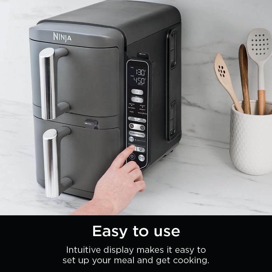 Ninja Air Fryer, 8 QT DoubleStack 2-Basket, Space Saving Design, Cooks 2lb Chicken Wings, Feeds up to 6 People, 6-in1 Air Fryer, Roast, Bake & More, Easy to Clean, Dishwasher Safe Parts, Black, SL201