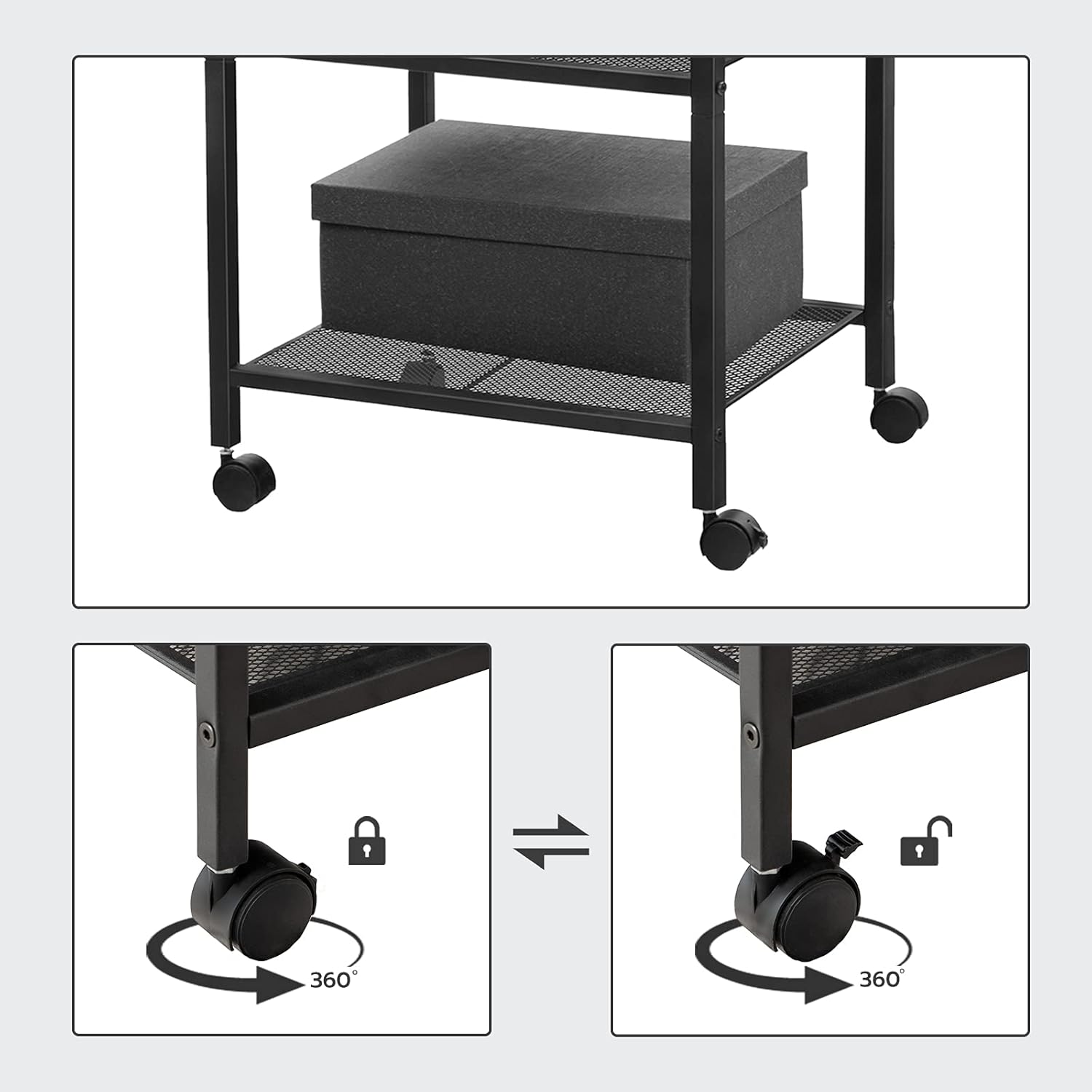 HOOBRO Mobile Printer Stand, 3-Tier Printer Cart with Storage Shelf, Adjustable Metal Mesh Basket, Machine Cart on Wheels, Industrial Style in Home Office, Rustic Brown and Black BF23PS01