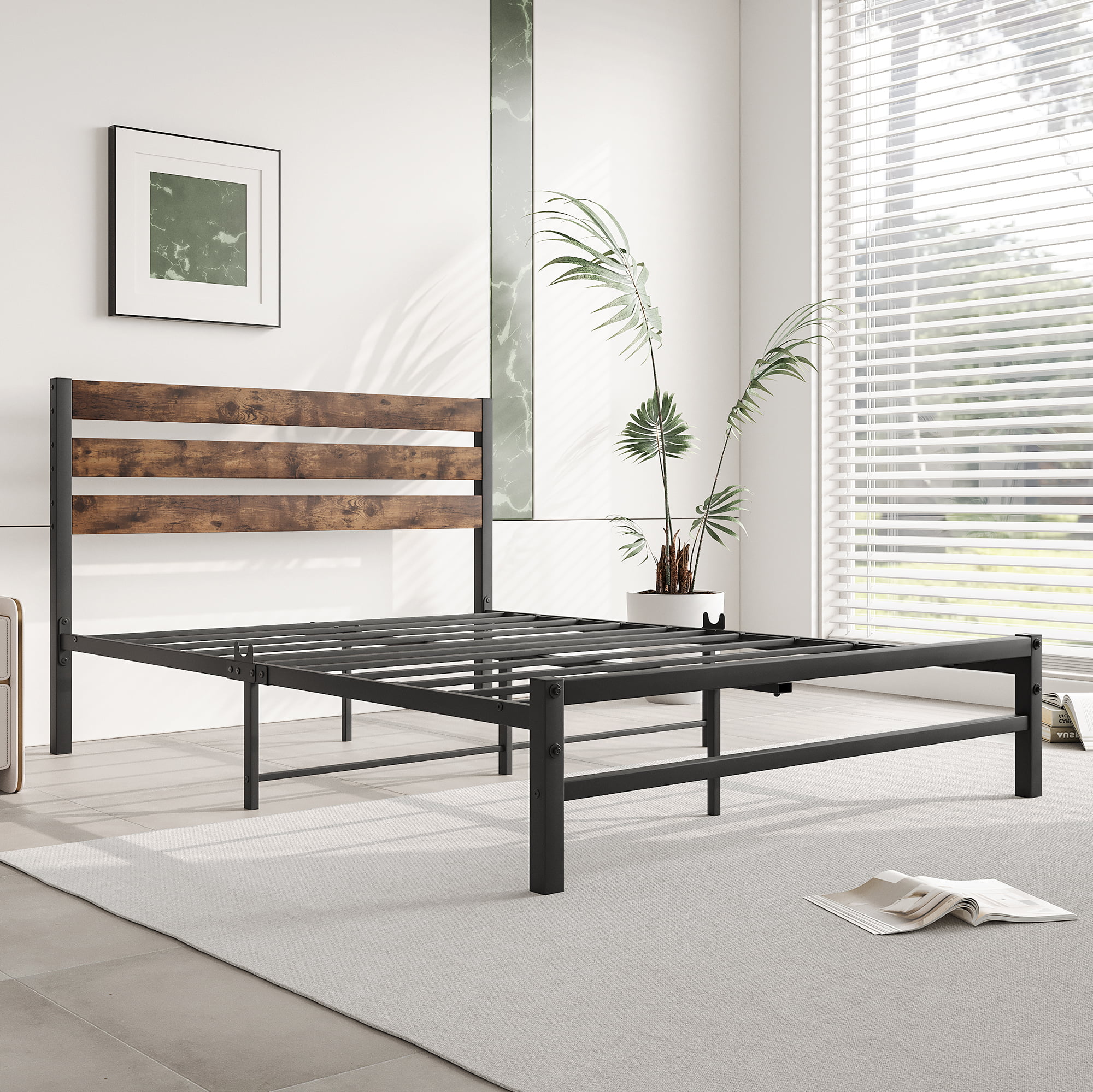 Gewnee Full Size Platform Bed Frame with Wood headboard, Rustic Country Style Mattress Foundation,Brown