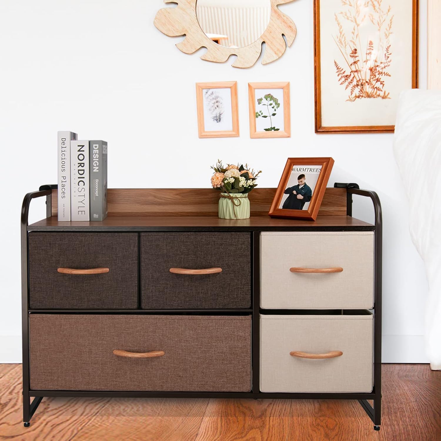 CONNOO Large Storage Dresser Unit, Wide Standing Fabric Dresser Room Organizer Cabinet for Bedroom, Hallway, Entryway, Closet, Nursery, 5 Removable Drawers Storage Tower, Wooden Top & Easy Pull Handle