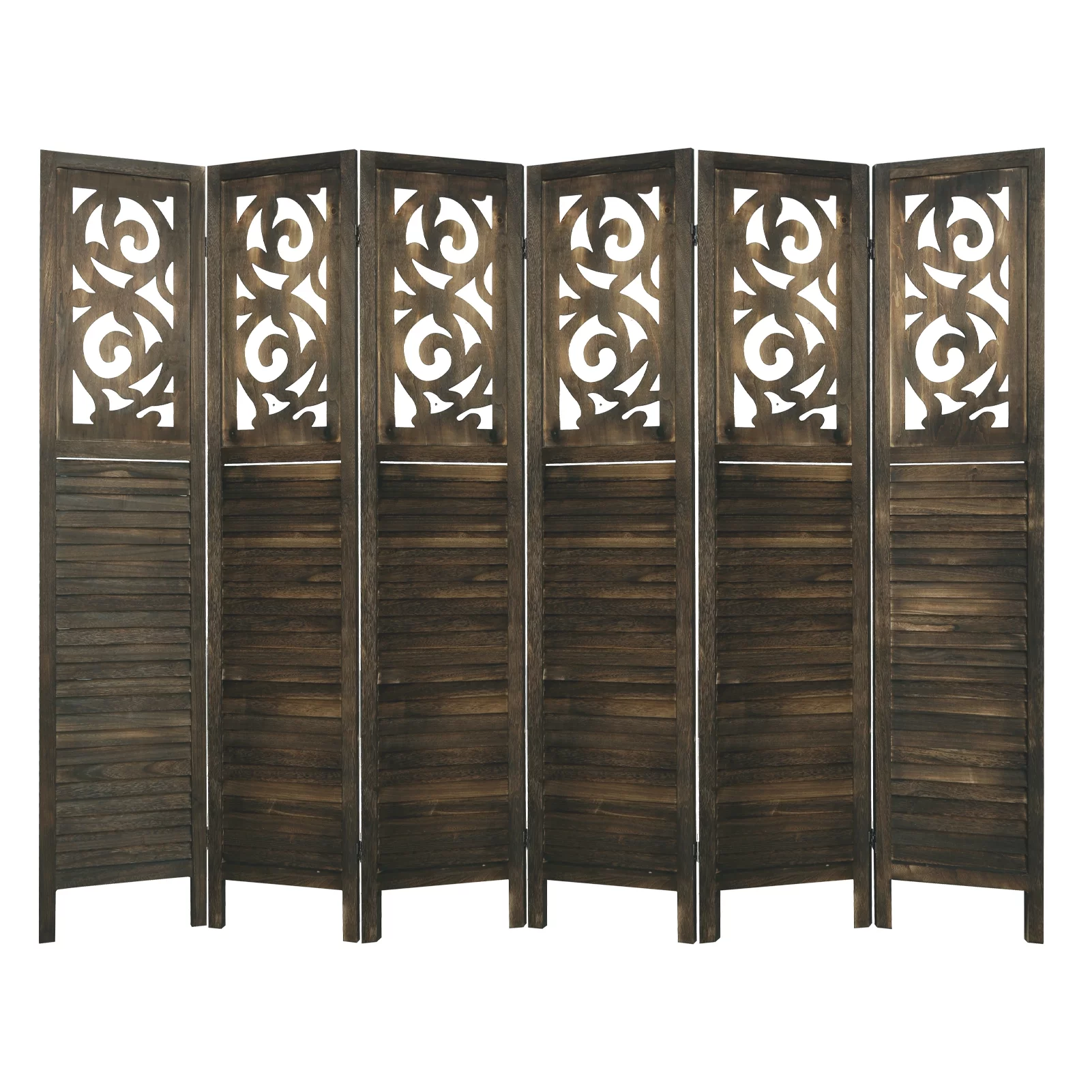 Fionafurn 6 Panel Room Divider, Wooden Freestanding Cutout Louver Design Partition Screen for Office Family, Brown - Curated Treasures Market