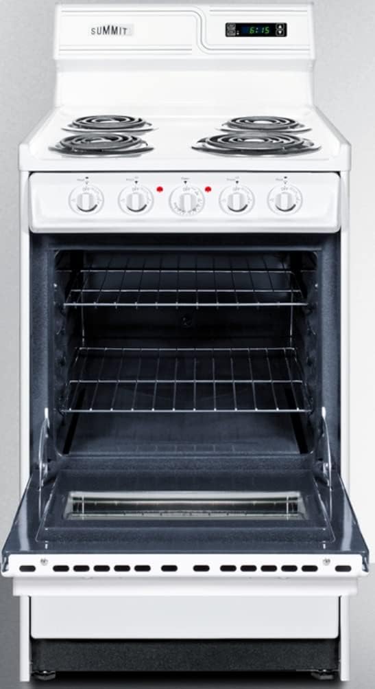 Summit Appliance WEM130KW 20" Wide 220V Electric Range in White with Coil Elements, High Backguard, Oven Window, Light, Adjustable Oven Racks, Broiler Pan and Lower Storage Compartment