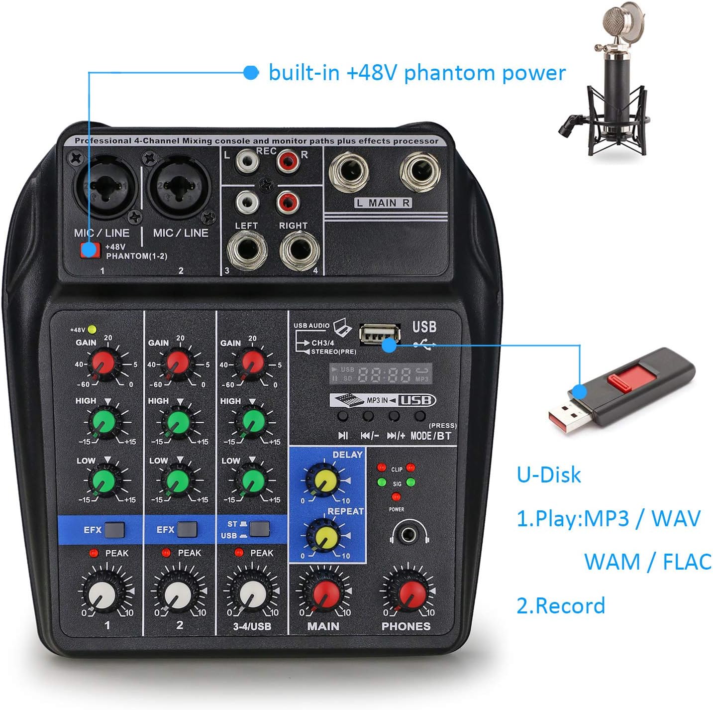 Ultra Low-Noise 4 Channels Audio Mixer - Sound Mixing Console Line Mixer with Sound Card and Built-in 48V Phantom Power for Home Music Production, Webcast, K Song and Other Needs by YOUSHARES Pack of 2