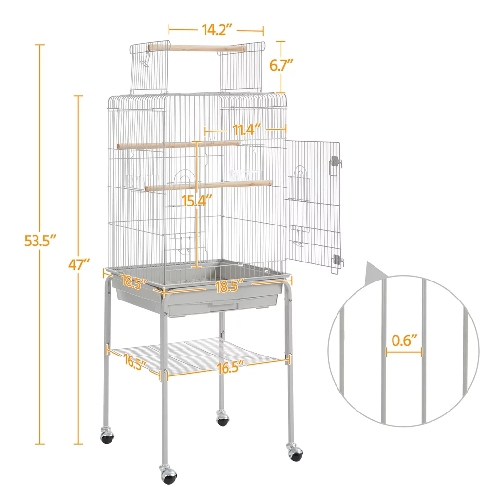 Alden Design 53.5" Metal Rolling Bird Cage with Play Top Stand, Light Gray - Curated Treasures Market