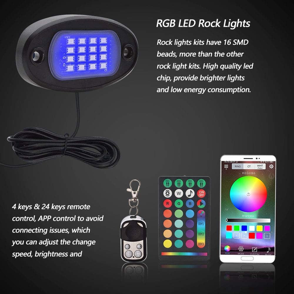 Rock Lights Led Rock Lights for Trucks New Generation 160 LEDs RGB Rock Lights Phone APP Control/4 Keys & 24 Keys Remote Control Time/Flash/Music Underglow Light Kit for Trucks Cars SUV ATV (10 Pods) Pack of 2
