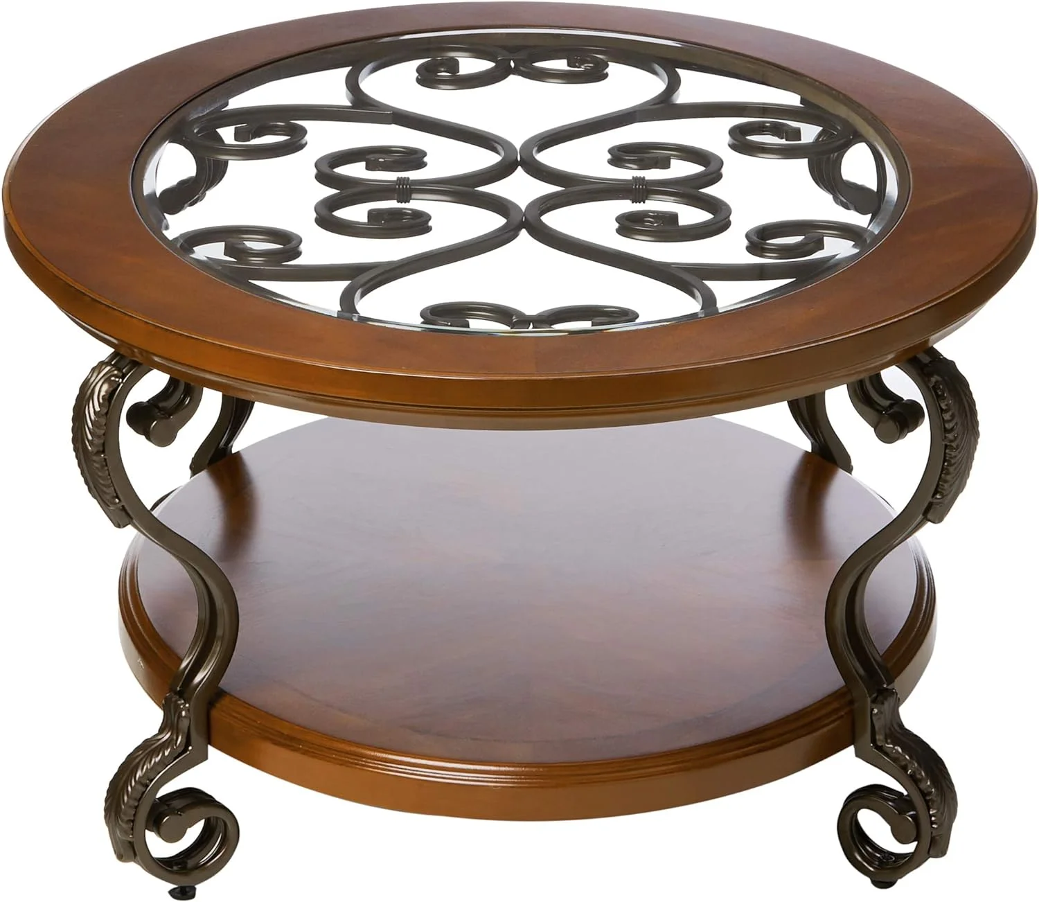 Nestor Traditional Oval Coffee Table With Beveled Glass Top, Scrollwork Underlay And 1 Fixed Shelf, Dark Brown