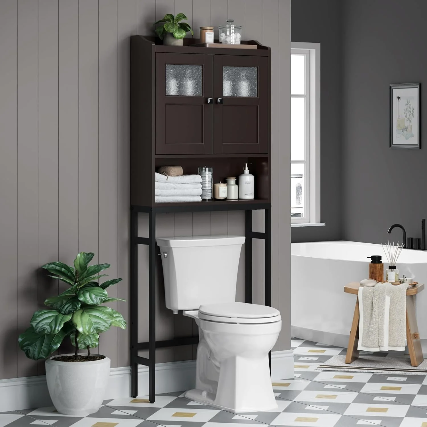 FJU Over The Toilet Cabinet for Bathroom Storage, Over Toilet Storage Cabinet, Above Toilet Storage with 2 Doors and Adjustable Shelf Space Saver Cabinet Over Toilet Bathroom Organizer ()