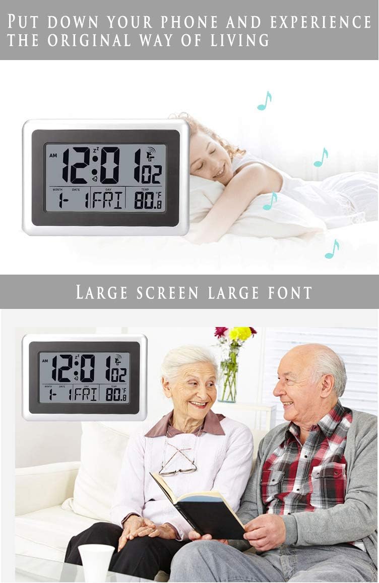 Atomic Wall Desk Clock Large Display with Indoor Outdoor Temperature Date Calendar, Digital Alarm Clock Battery Operated Without Backlight for Kitchen Bedroom