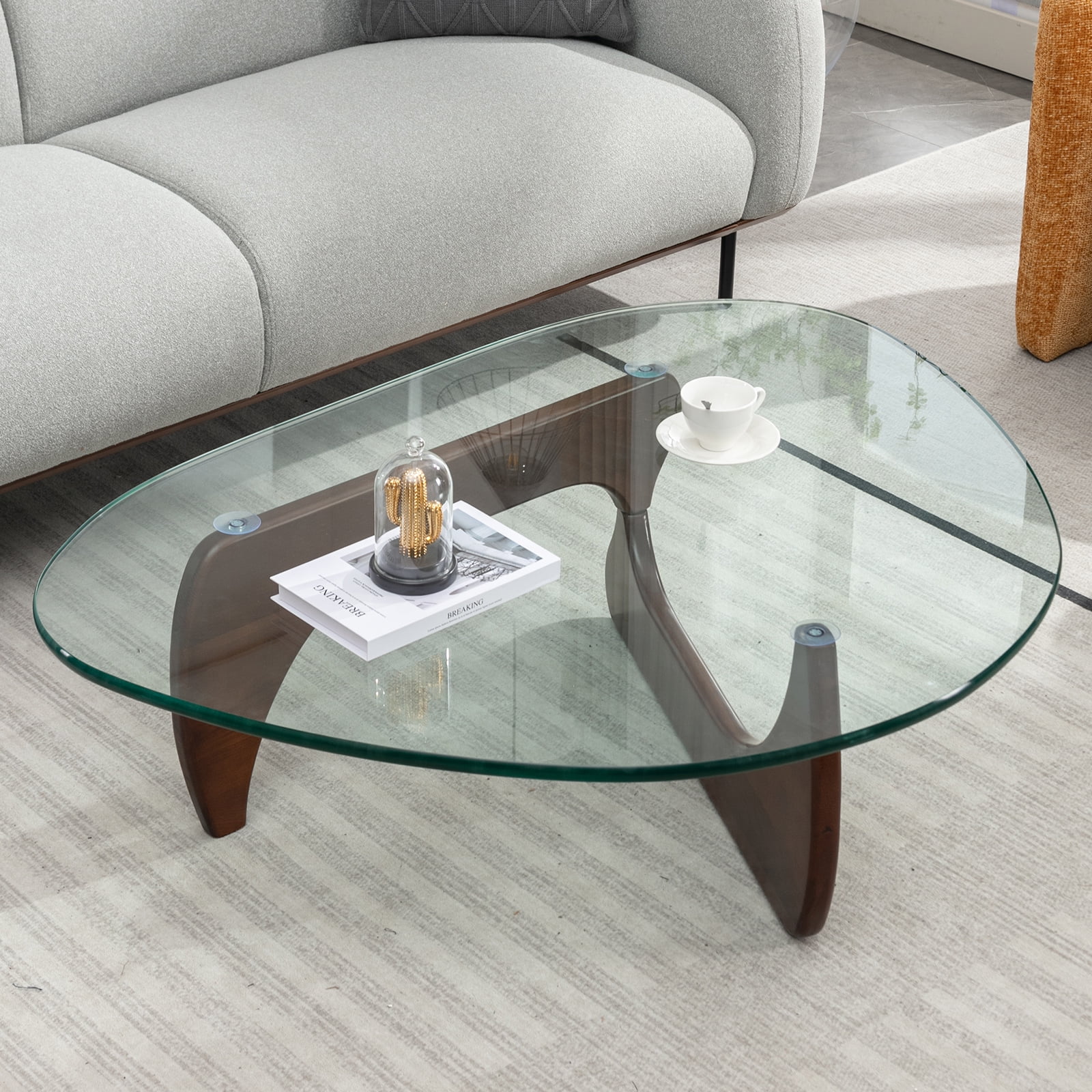 Mjkone Noguchi Triangle Glass Coffee Table ,Tempered Glass Coffee Table with Solid Dark Walnut Base，Coffee Table with Tempered Glass Top  for Living Room  (19mm Glass Top)