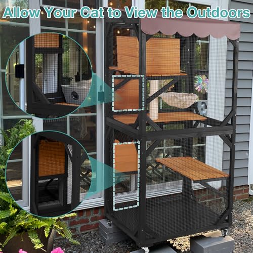 Catio Outdoor Cat Enclosure,Cat House with Wheels,Upgraded cat Scratching Post，Resting Box,Waterproof Roof for Patio Garden (Grey, 31.5" L x 31.5" W x 70.9" H)