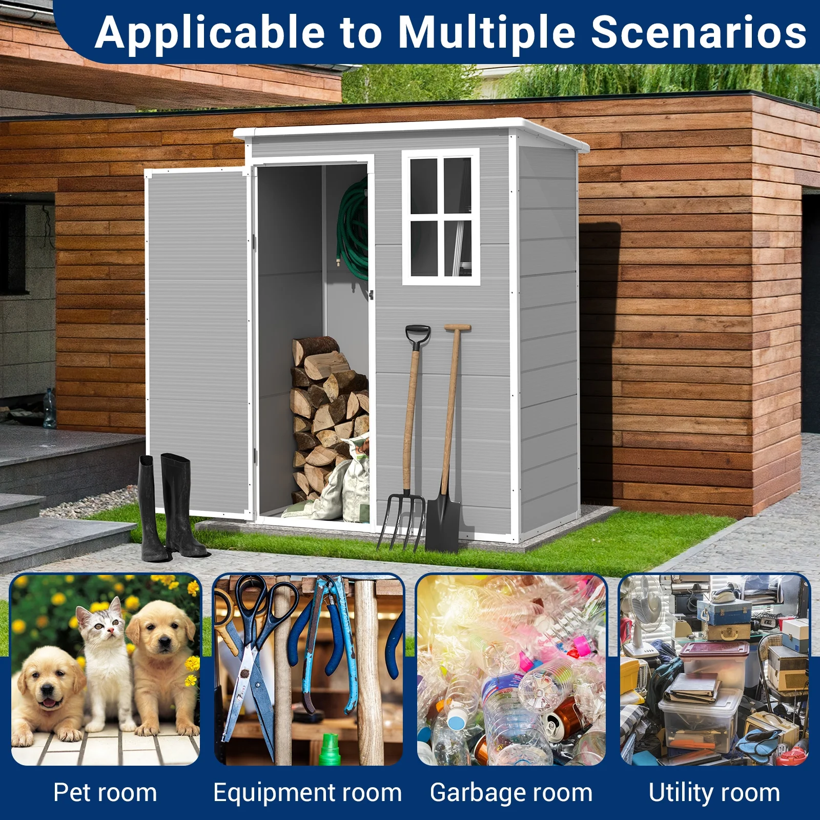 ELPOSUN Outdoor Storage Shed 5x3 FT, Resin Garden Shed for Bike, Garbage Can, Tool, Plastic Outside Sheds & Outdoor Storage Storage Box with Lockable Door for Backyard, Patio, Lawn, Grey & White