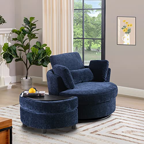 Chair and A Half with Ottoman, 360° Swivel Accent Barrel Chair Modern Comfy Round Reading Sofa Swivel Chairs Circle Lounge Chair for Bedroom Living Room w/4 Pillow Lower Seating Heigh (White, Large)