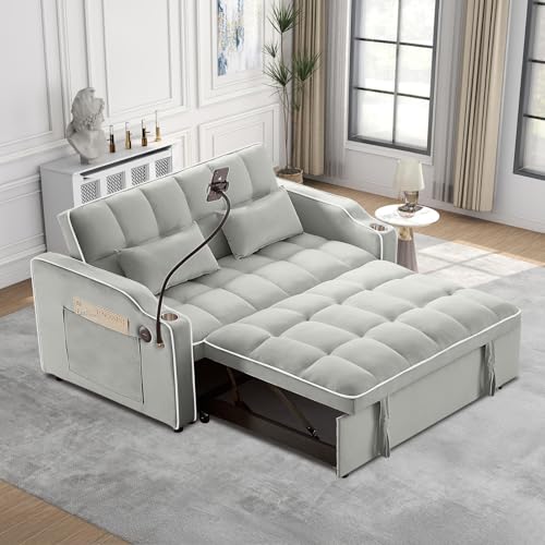 Convertible Sleeper Sofa Bed, 3 in 1 Velvet Pull Out Loveseat Couch Modern Comfy Futon Sofa with Adjustable Backrest & Phone Holder & USB Charging Space Saving for Living Room, Small Apartment, Grey