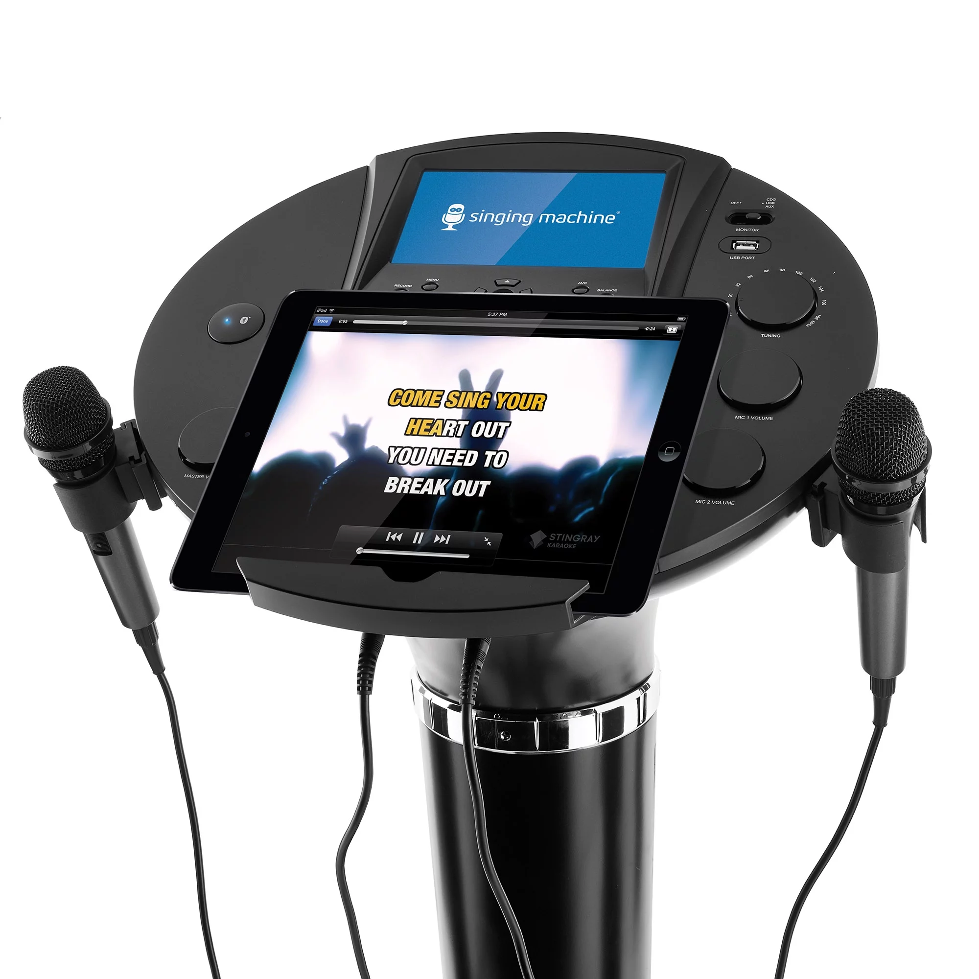 Singing Machine ISM1030BT Bluetooth Pedestal Karaoke System with Resting Tablet Cradle and 7"LCD Color Monitor and Two Microphones, Black