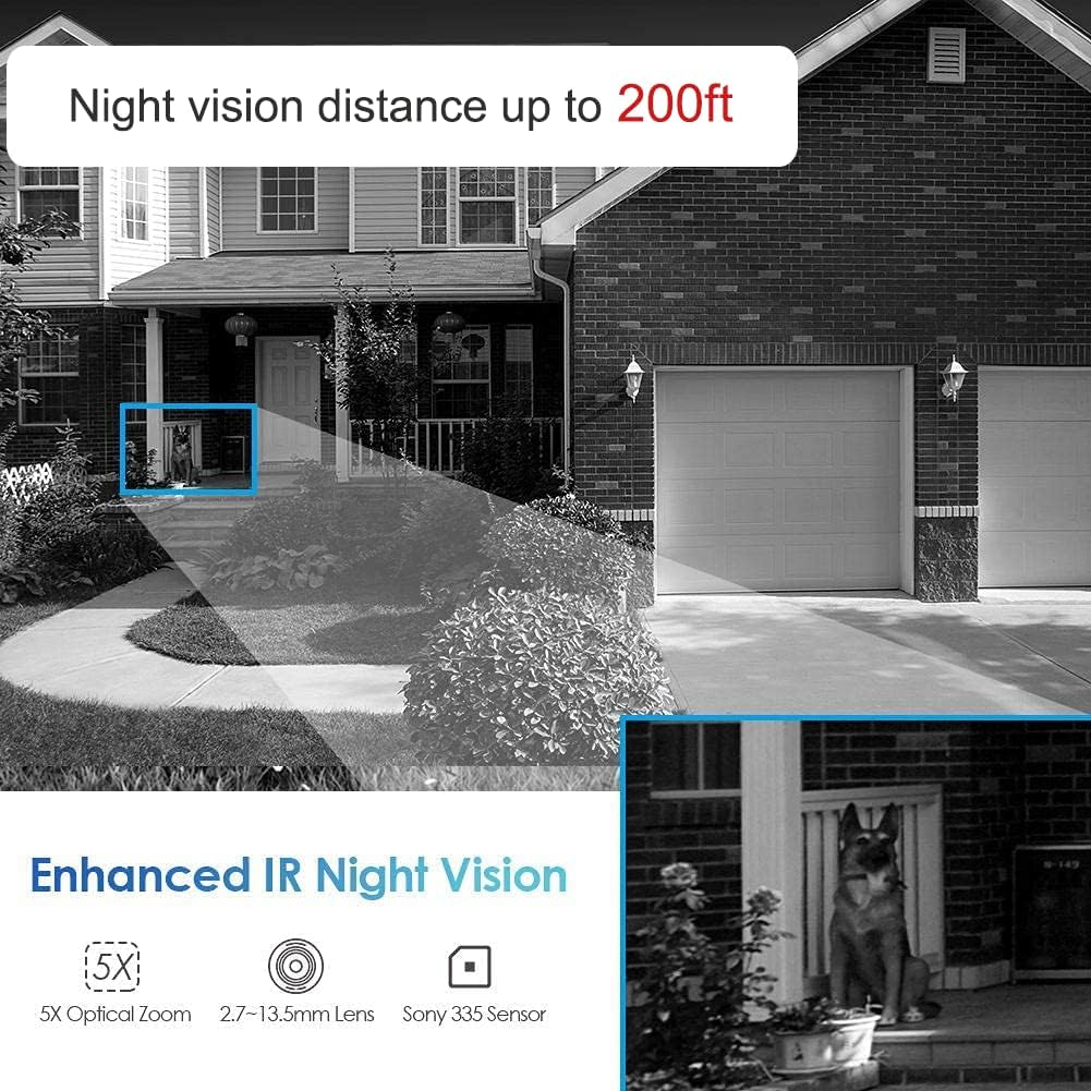 PTZ POE Camera Outdoor SV3C POE Camera 5MP with 10 LED HD Night Vision, 5X Zoom, Two Way Audio, IP66 Metal Shell, Motion Detection, IP Security Surveillance Dome Camera Supports SD Card, RTSP