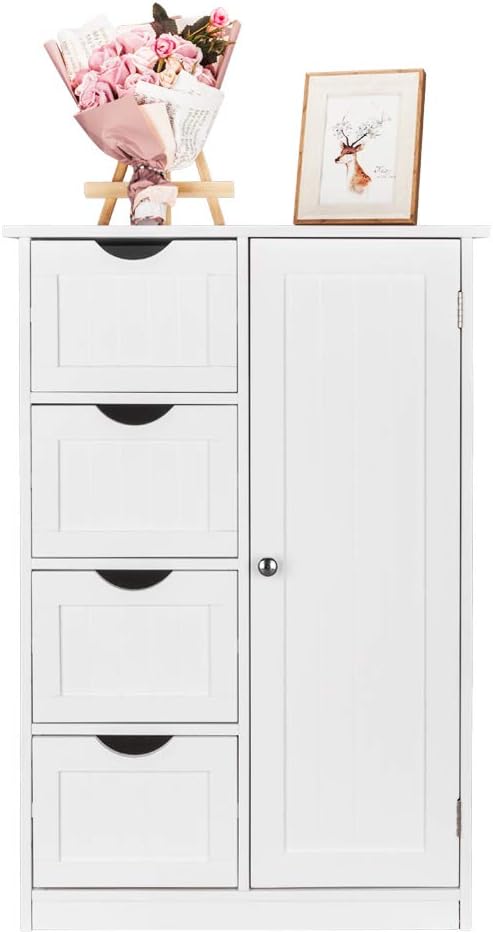 Bathroom Floor Cabinet storage unit with 4 Dawers and Single Door Cabinet, Entryway Storage Cabinet, Freestanding Storage Cabinet for Living Room Kitchen Hallway, White 21.7"L x 11.8"W x 31.9"H