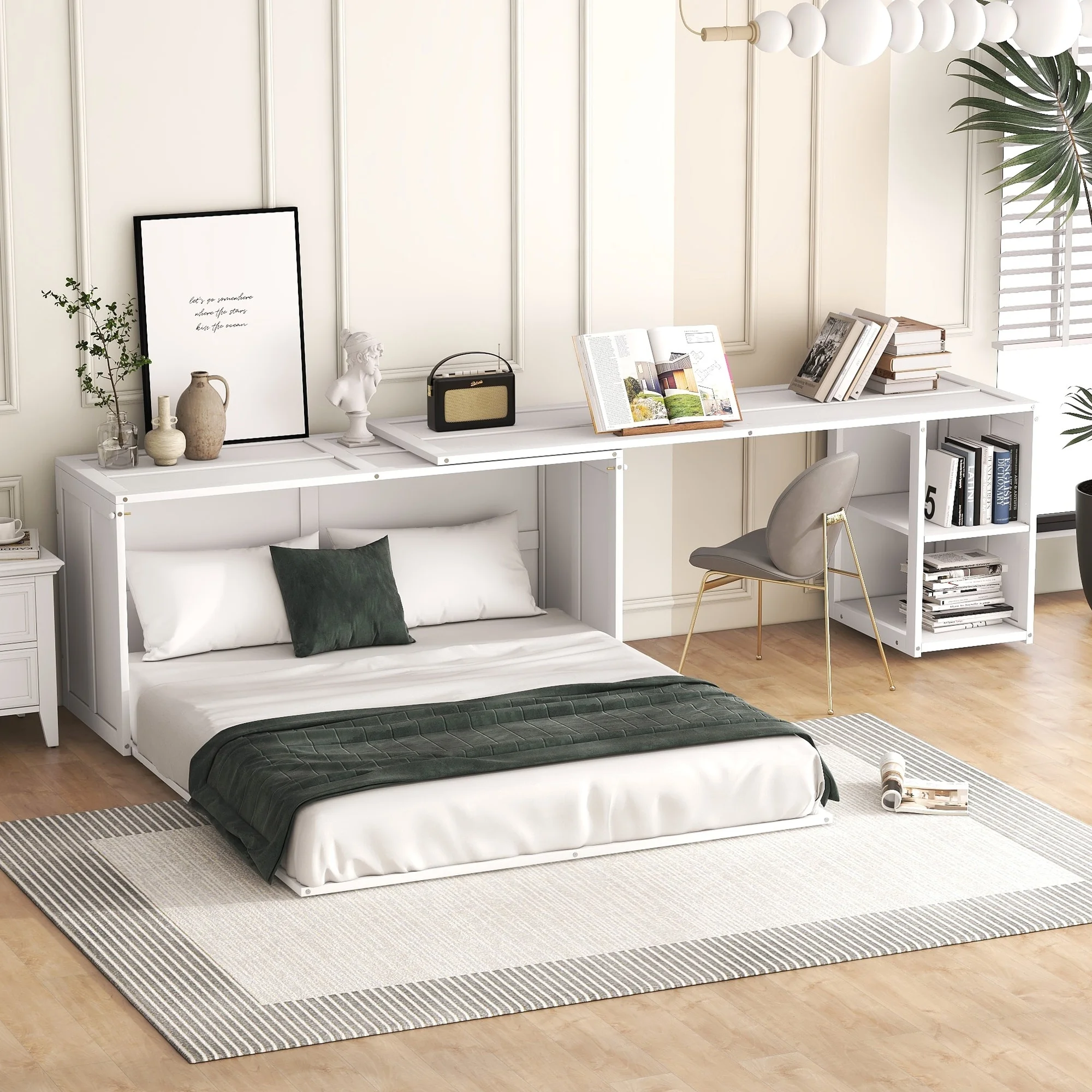 Queen Size Murphy Bed with Rotable Desk & 2 Storage Shelves, Space-Saving Design Solid Pine Wood Floor Bed Frame White - Queen