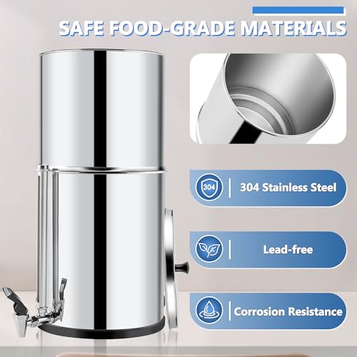 Gravity-fed Water Filter System 2.25 Gallon by Fetechmate, 304 Stainless Steel Ultra-Filtration Gravity Water Filter System Bundle with Water Filter, Metal Water View Spigot and Countertop Stand
