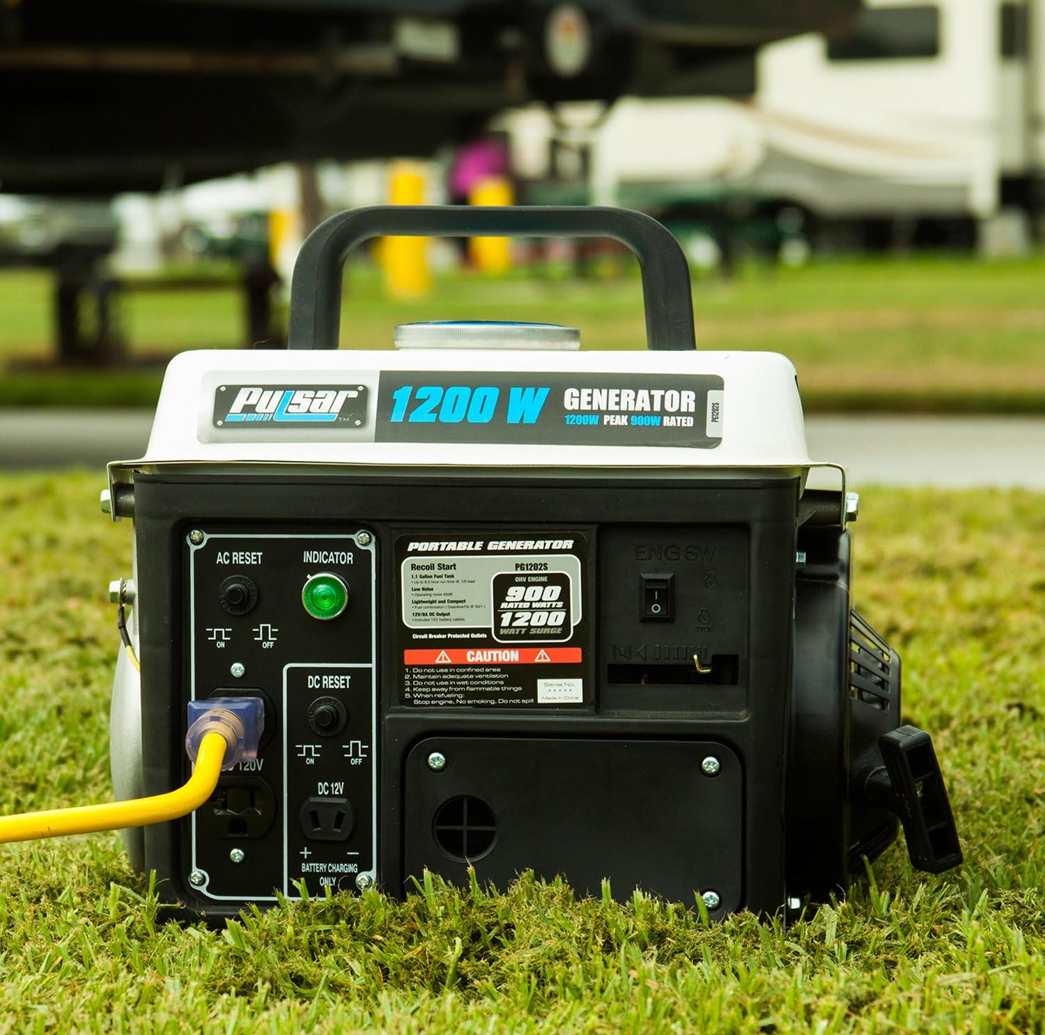 Pulsar 1,200W Carrying Handle, PG1202S Gas-Powered Portable Generator, 1200W, Black/White