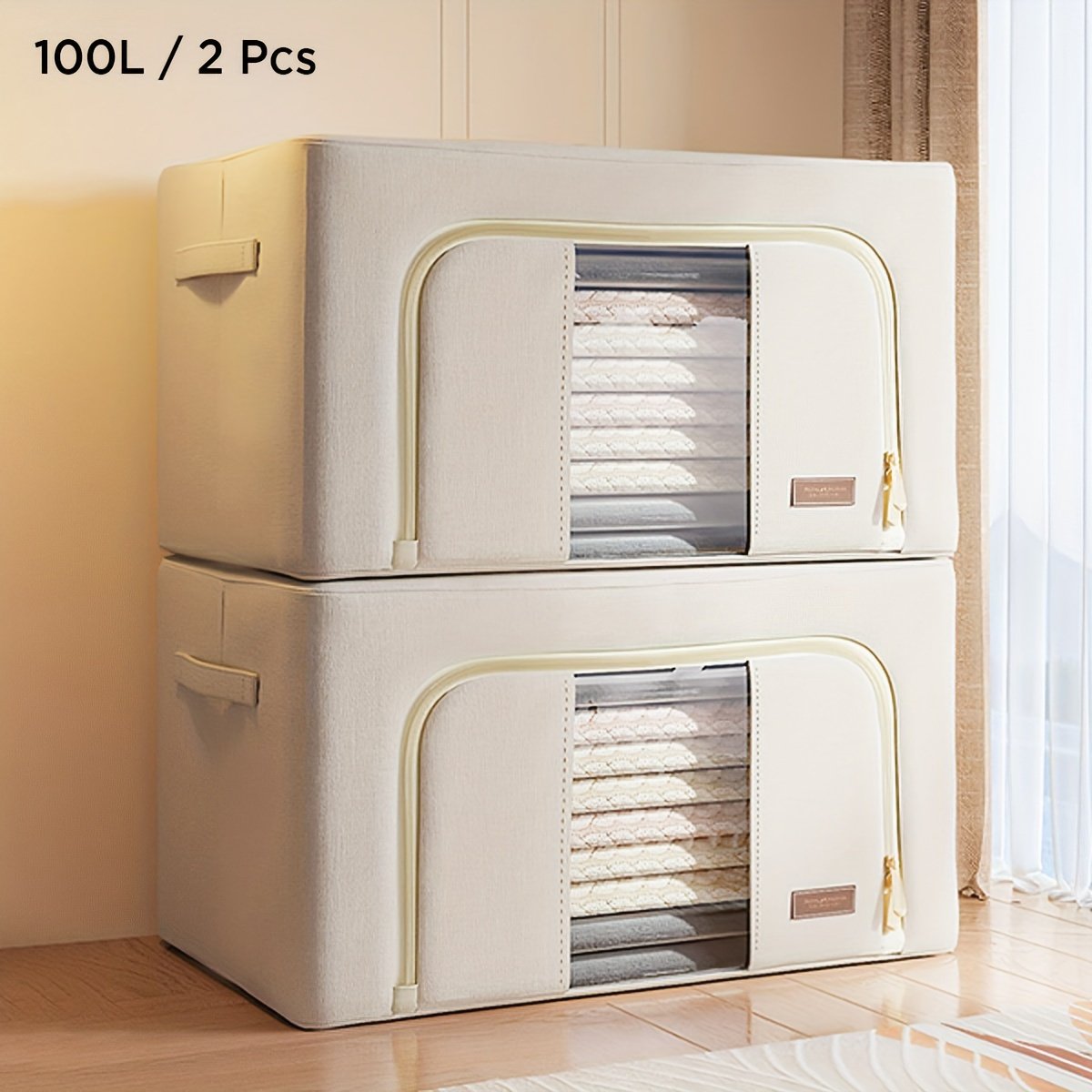2-Pack Steel Frame Storage Bins with Clear Window, Foldable Stackable Fabric Organizers with Handles for Clothes, Linens &amp; Under-Bed Storage