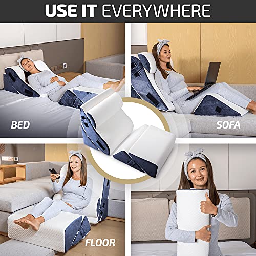 5 Pcs Adjustable Relaxing System w/Leg Elevation Pillow - Perfect Orthopedic Pillow Set for After Surgery - Memory Foam Bed Wedge Pillows for Back Support (Grey with Cooling Fabric)