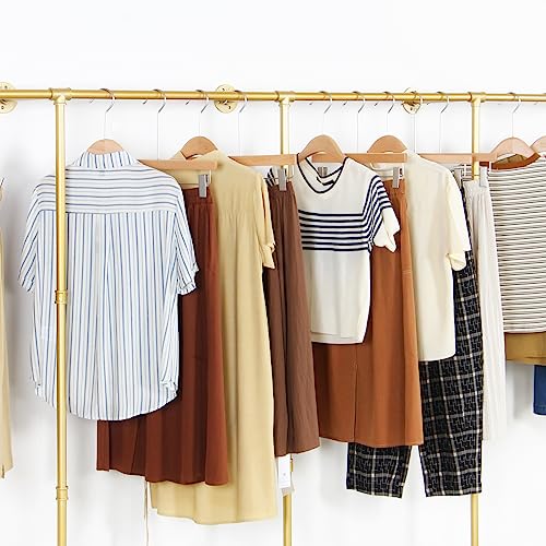 Wall Mounted Gold pipe clothing rack with 3 T-Bar Design and Nano Gold Finish with 2 Wooden Shelves Heavy Duty Wall Mounted Gold Iron Garment Bar for Retail Display and Closet Storage