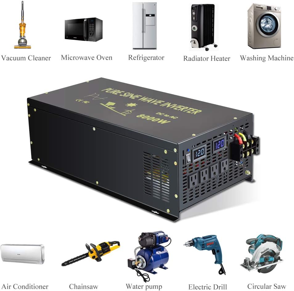 Reliable 8000W Continuous Power Heavy Duty Pure Sine Wave Power Inverter DC 48V to AC 120V with 4 AC Outlets Remote Control 66A Hardwire Terminal and LED Display for RV Car Solar System Emergency