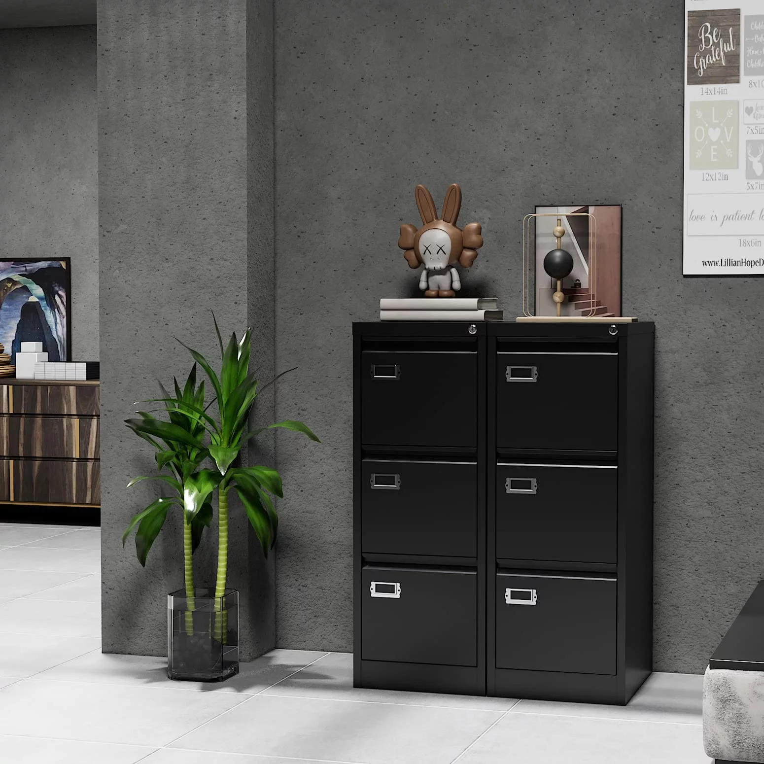 STANI 3 Drawer Black File Cabinet with Lock, Filing Cabinets for Home Office, Metal Locking Office File Storage Cabinets with Drawers, Vertical Small Filing Cabinet Organizer for Legal/A4