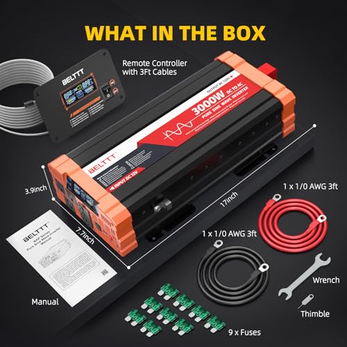 BELTTT 2000W Pure Sine Wave Inverter, Car Power Inverter 12V to 120V AC Converter for RV, Truck, Solar, Outdoor with Dual AC and 20A Socket, 5V 2.1A USB, Surge 4000W, Hardwire Port, Remote Controller