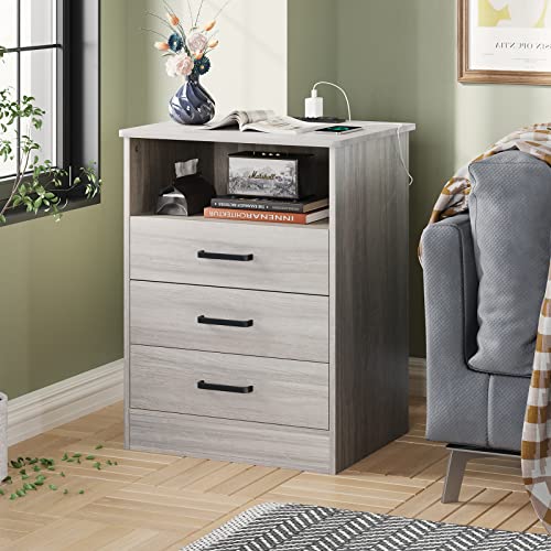 ADORNEVE Nightstands Set of 2, Grey Night Stands with Charging Station, Bedside Table with Drawers & USB Ports for Bedroom,Living Room