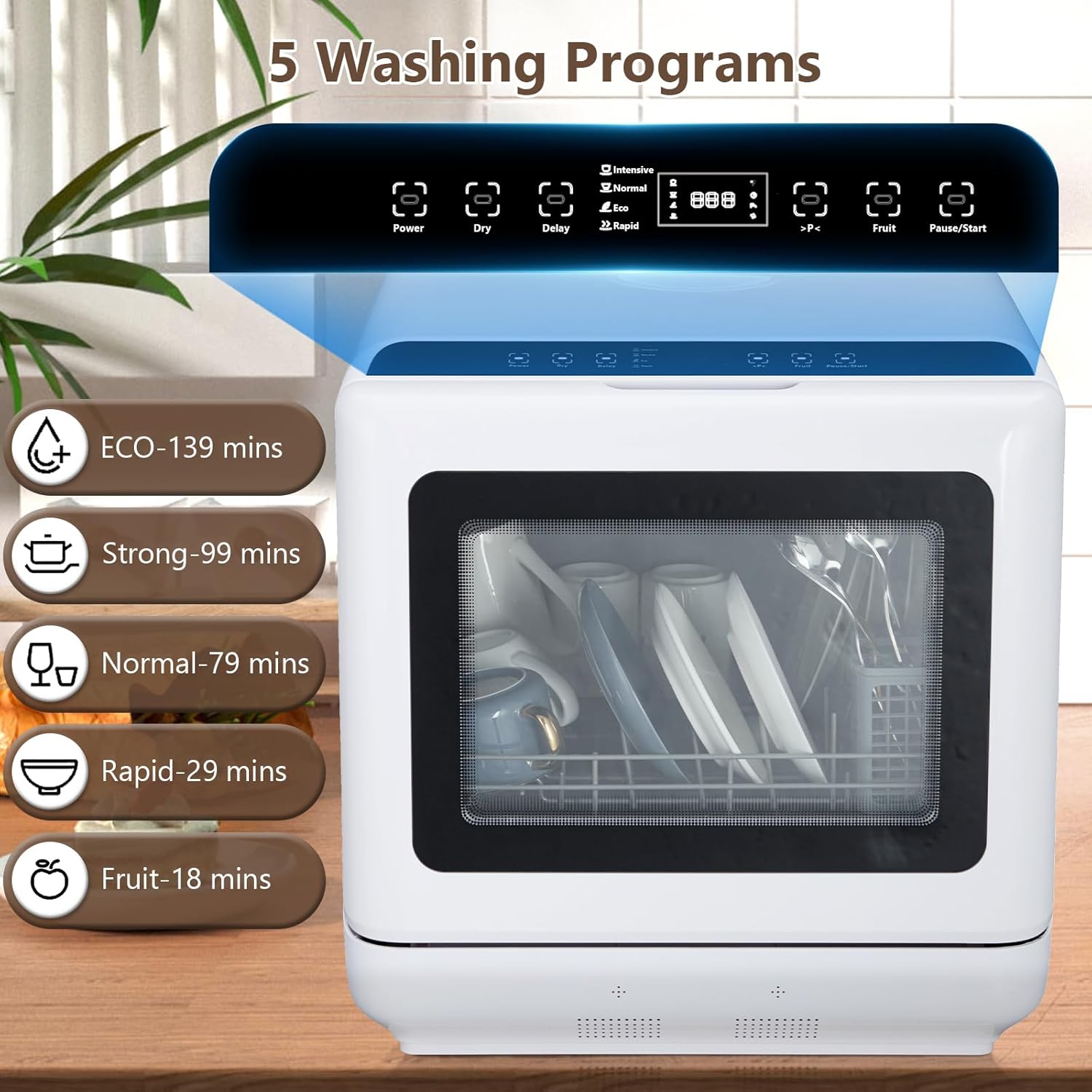 Countertop Dishwasher, Portable Dishwashers with 4.5L Built-in Water Tank, 5 Washing Programs & Air-Drying Function, 360° Dual Spray Arm, Mini Dishwasher Dish Washer for Apartments RVs, White