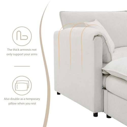 134" Oversized Modular Sectional Sofa, Modern U Shaped Cloud Couch Set with Double Cushions, Comfy Chenille 6 Seat Sleeper Sofa Bed with 2 Ottomans for Living Room, Bedroom, Office (Cream)