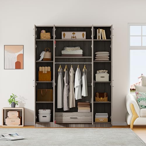 Wardrobe Armoire with 4 Doors, Four-Door Design Mirror Wardrobe with Shelves, Drawers and Hanging Rod, Built-in Dressing Mirror, 68" H Freestanding Wardrobe Cabinet