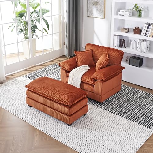 Oversized Chaise Lounge Chair Indoor, 56.3" Corduroy Upholstered Cloud Sofa Couch with Ottoman & 2 Lumbar Pillows, Comfy Single Deep Seat Sofa Armchair for Living Room Bedroom Office (Green)