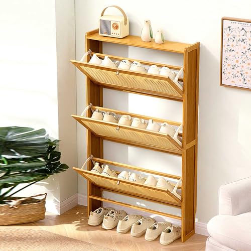 Shoe Storage Shoe Storage Rack 3 Layers Nature Bamboo Shoe Cabinets Hallway Slim Freestanding Shoe Cupboard Organiser with Rattan Pull Down Doors