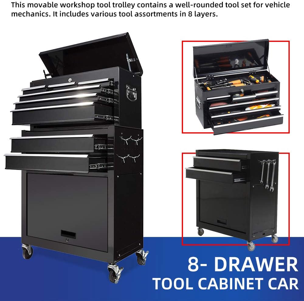 8-Drawer Tool Chest Rolling Tool Box with Wheels, Large Detachable Tool Box with Drawers and Lock, Metal Tool Cart Storage Cabinet for Garage and Warehouse (Black)