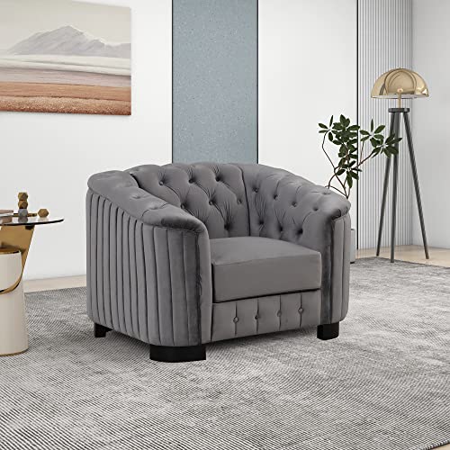3 Piece Living Room Set, Velvet Chesterfield Sofa Loveseat Couch Chair Set 3-Seat Sofa Couches Set of 3 with Button and Nailhead Grey