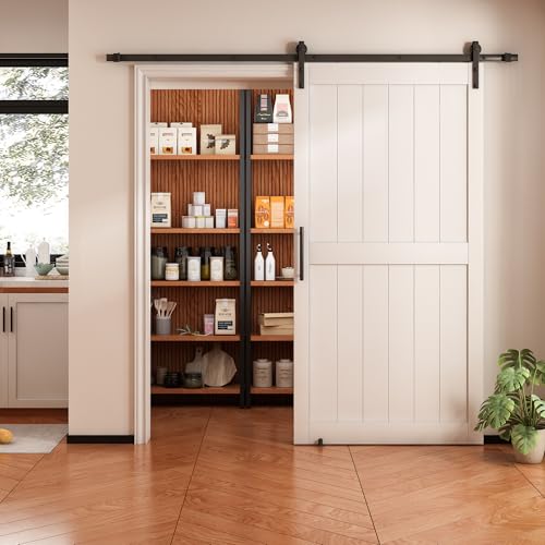 36 in x 84 in White Sliding Barn Door with 6FT Hardware Kit, Floor Guide and Handle Included, Waterproof PVC Surface, Pre-Drilled Holes Easy Assembly, H-Frame White