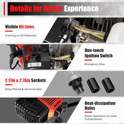 T-Post Driver,32.6CC 2 Stroke 1.2HP Gas Powered Pile Driver Fence Push Pile Gasoline Jack Hammer Engine Portable Petrol Pole Pounder w/Two Driving Heads Single Cylinder Air Cooling MaxSpeed 8500r/Min
