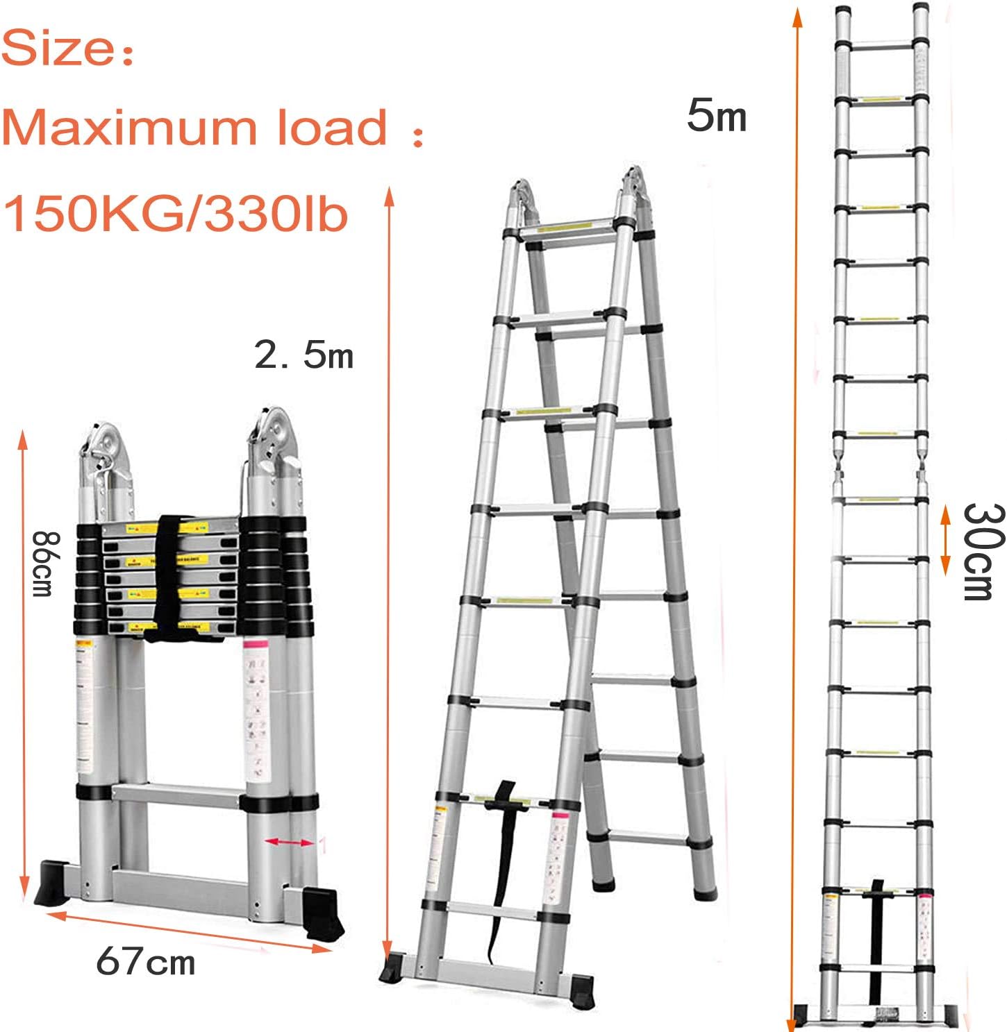 16.5FT/5M(2.5+2.5m) Household Ladder Telescopic Aluminum Extension 16 StepsLadder with Slip-Proof Feet 330lbs Max Capacity, EN131 Standard