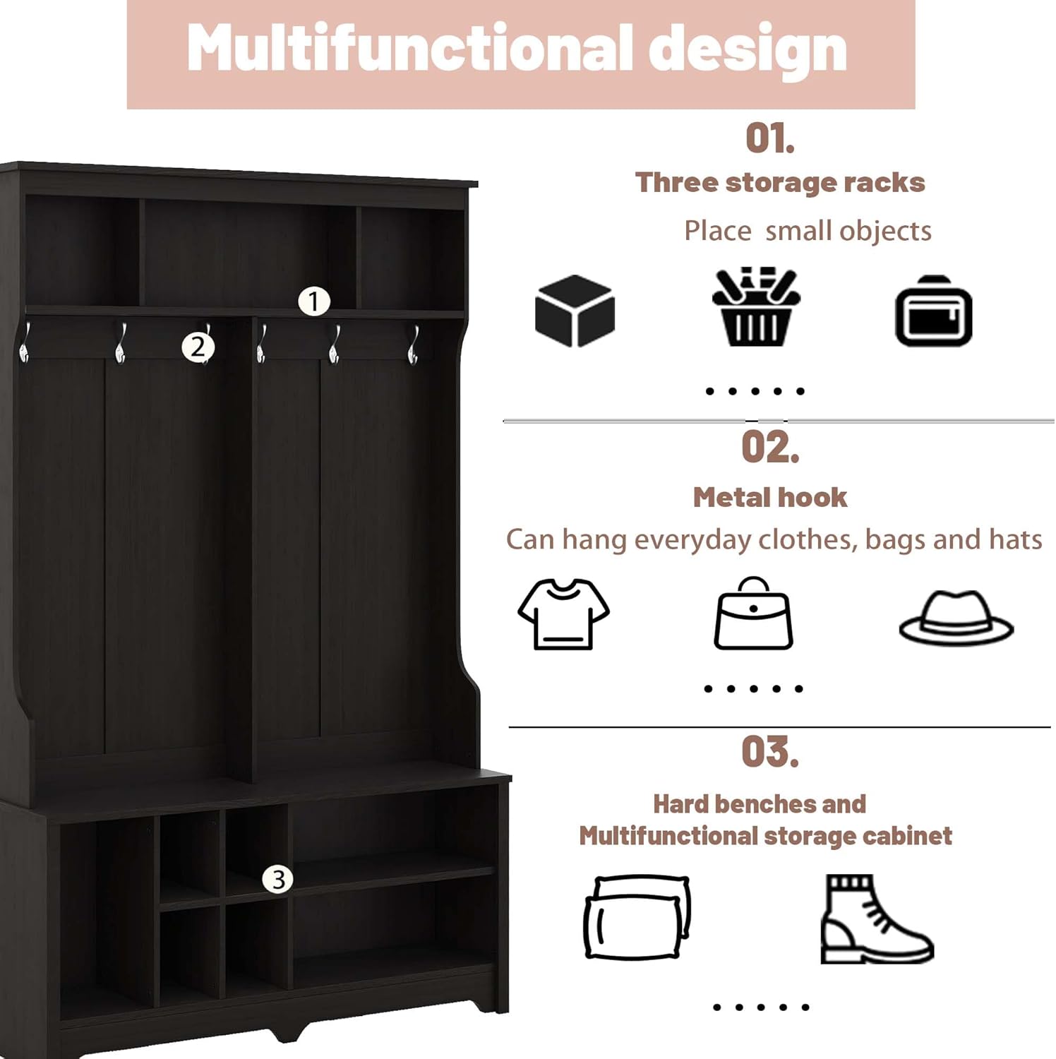 Freestanding Modern Hallway Hall Tree with Metal Hooks and Storage Space, Multi-Functional Entryway Coat Rack with Shoe Cubbies,Black