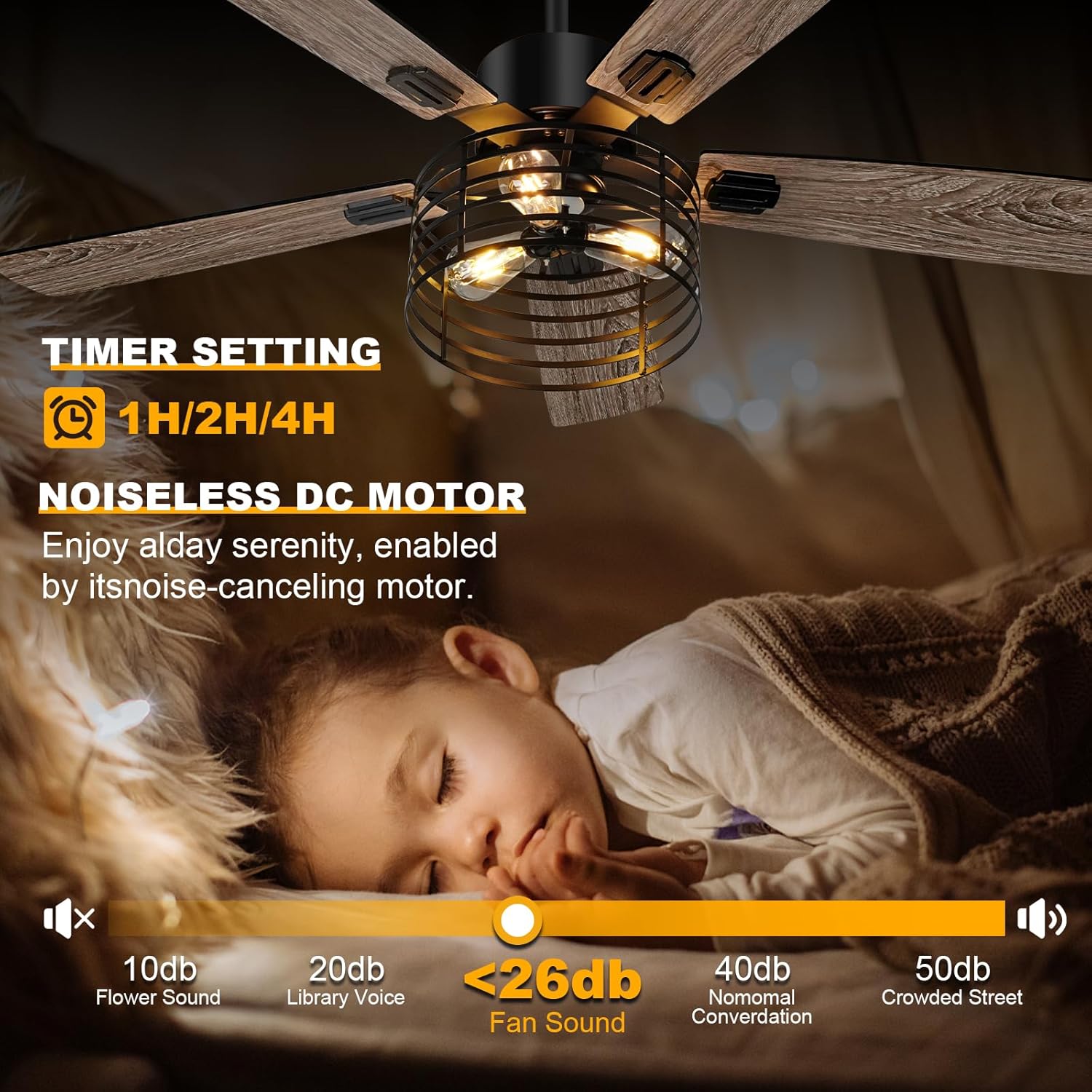 52 Inch Farmhouse Ceiling Fan with Light and Remote,3-Lights Rustic Ceiling Fan with Caged Ceiling Fan,5 Dual Finish Blades,Industrial Black Ceiling Fan for Bedroom, Patio, Living Room