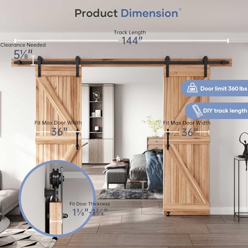 EaseLife 12 FT Double Sliding Barn Door Track and Handle Hardware Kit,Straight Pulley,Slide Smoothly Quietly,Easy Install (12FT Track Kit for 33"~36" Wide Double Door)