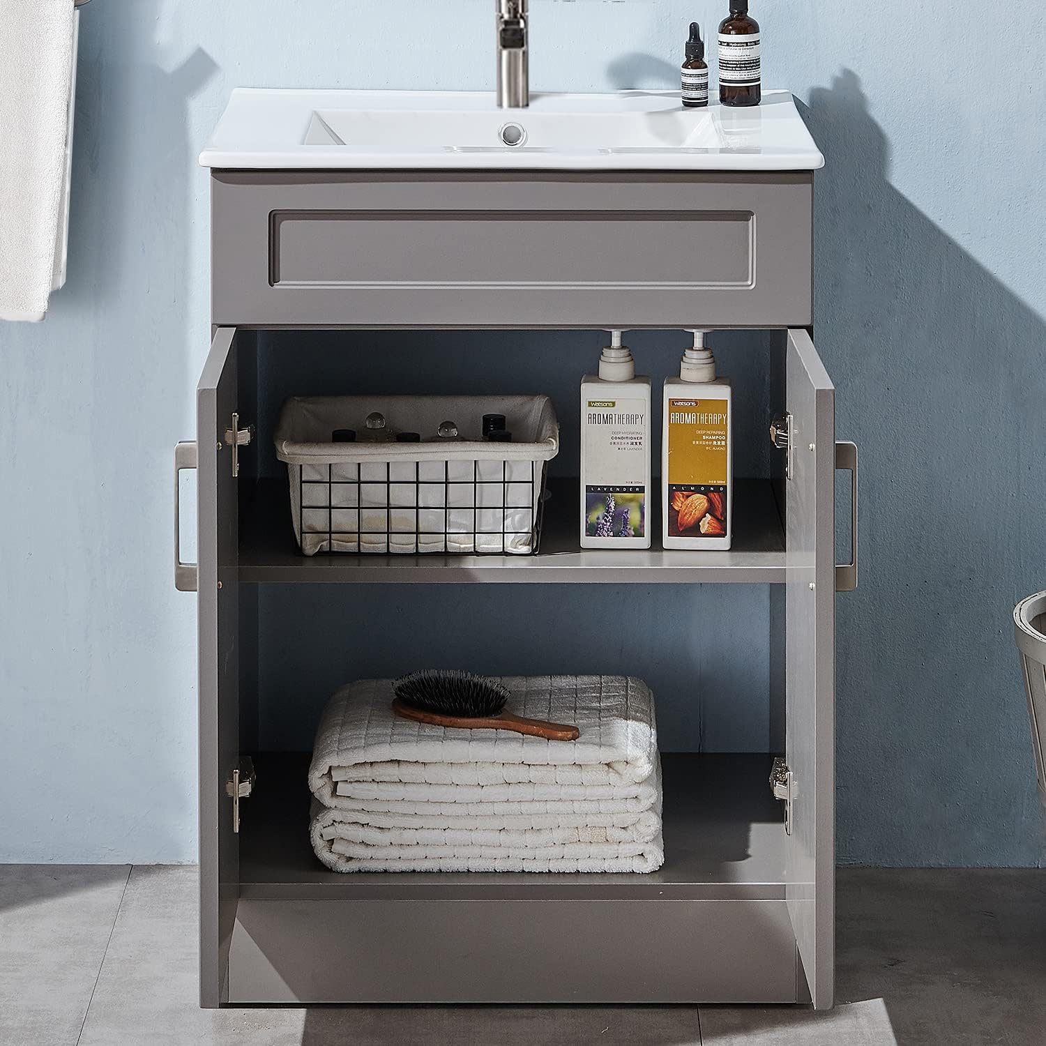 24 Inch Bathroom Vanity, Small Bathroom Vanity with Sink, Gray Bath Vanity Sink Set, Bathroom Vanity Cabinet with White Ceramic Vessel Basin Top